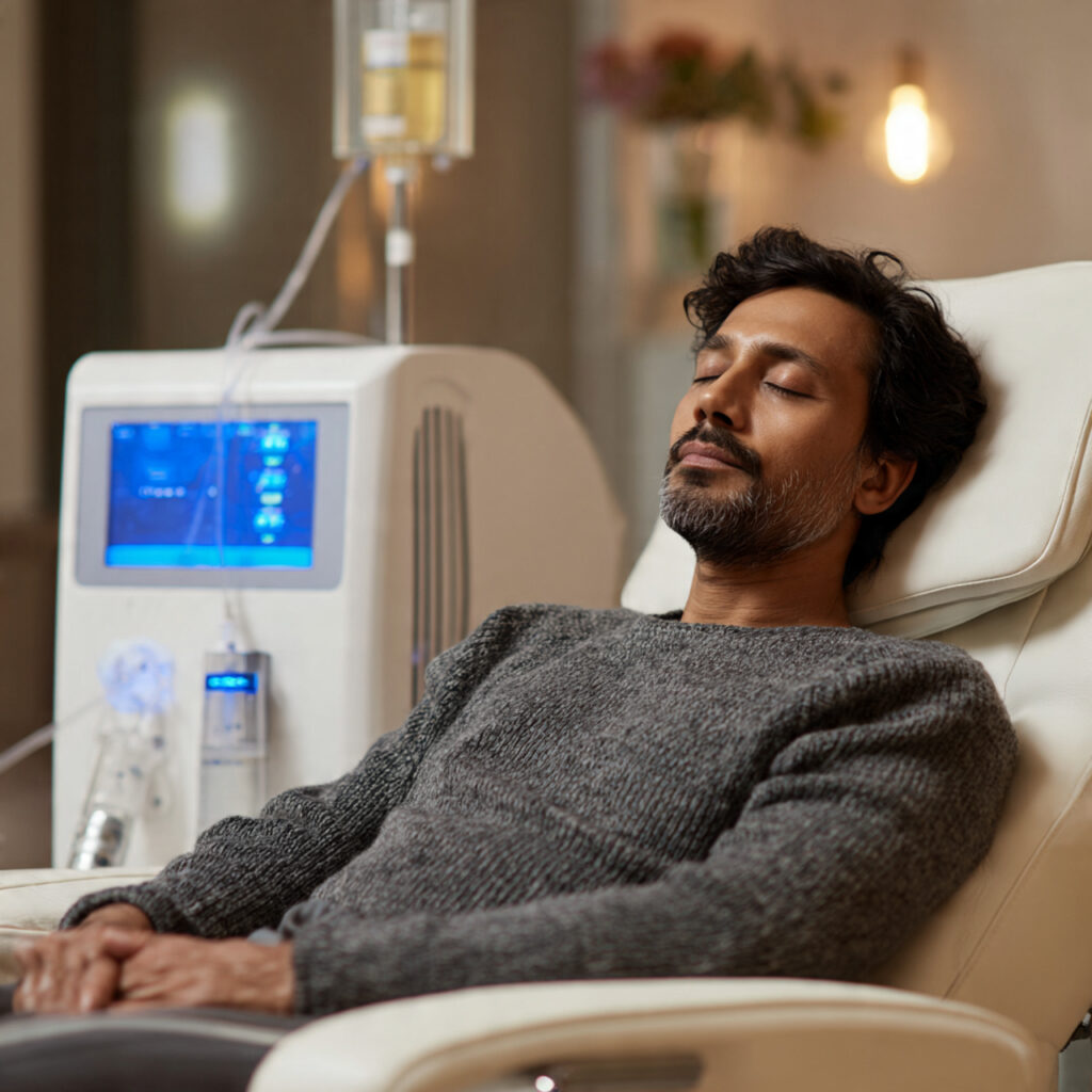 Home a relaxed indian adult man undergoing eboo